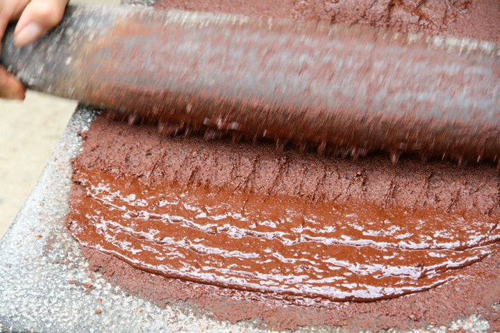 Chocolate being ground on a metate